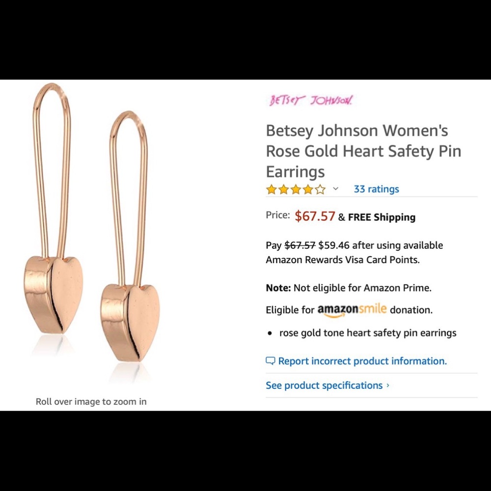 NEW Gorgeous Rose Gold Heart Safety Pin Earrings
